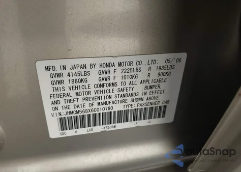 2006 Honda Accord 2.4 Ex из США, поврежденный, VIN JHMCM568X6C010780